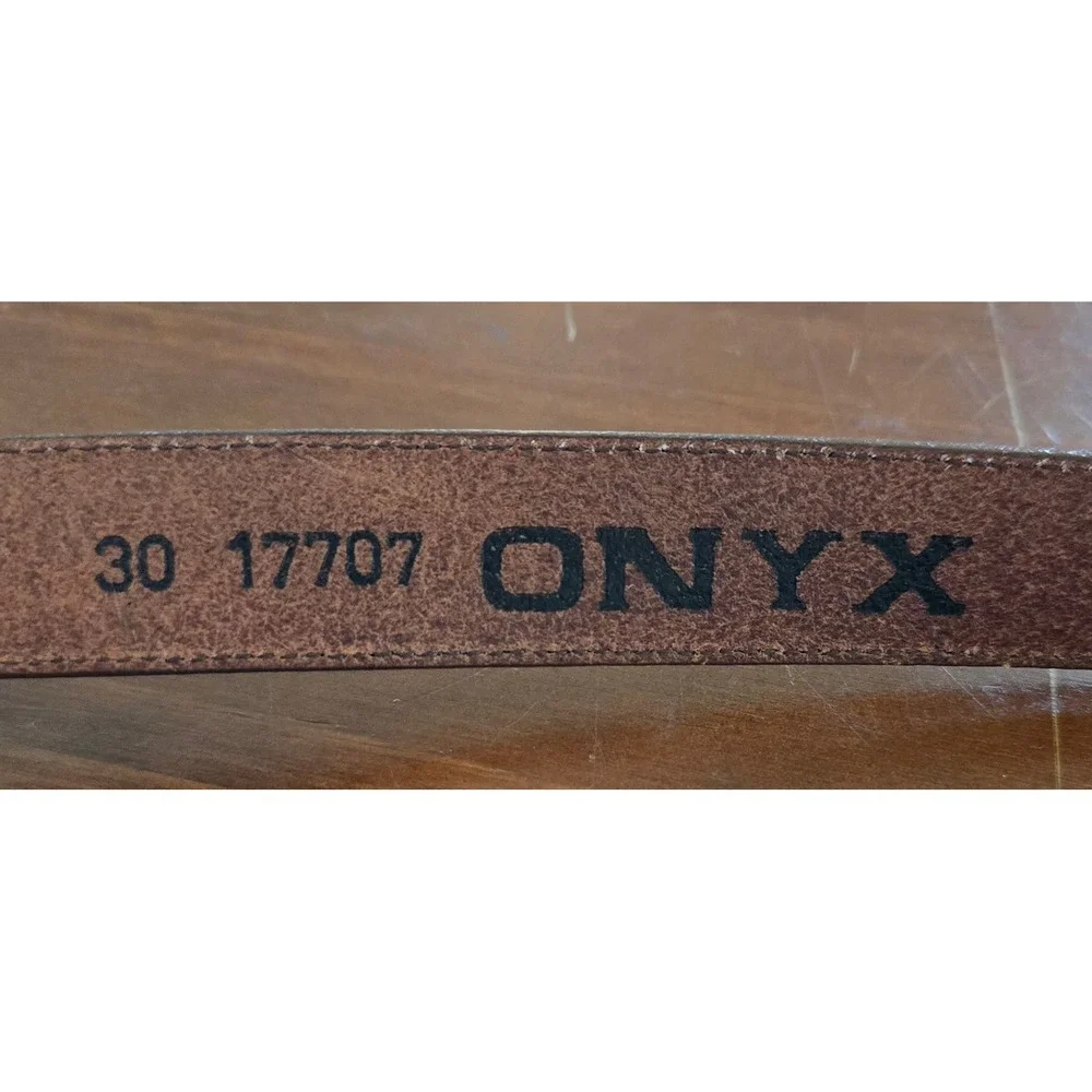 Onyx Brown Boho Chic Western Leather Belt Silver Engraved Buckle Tip Size 30